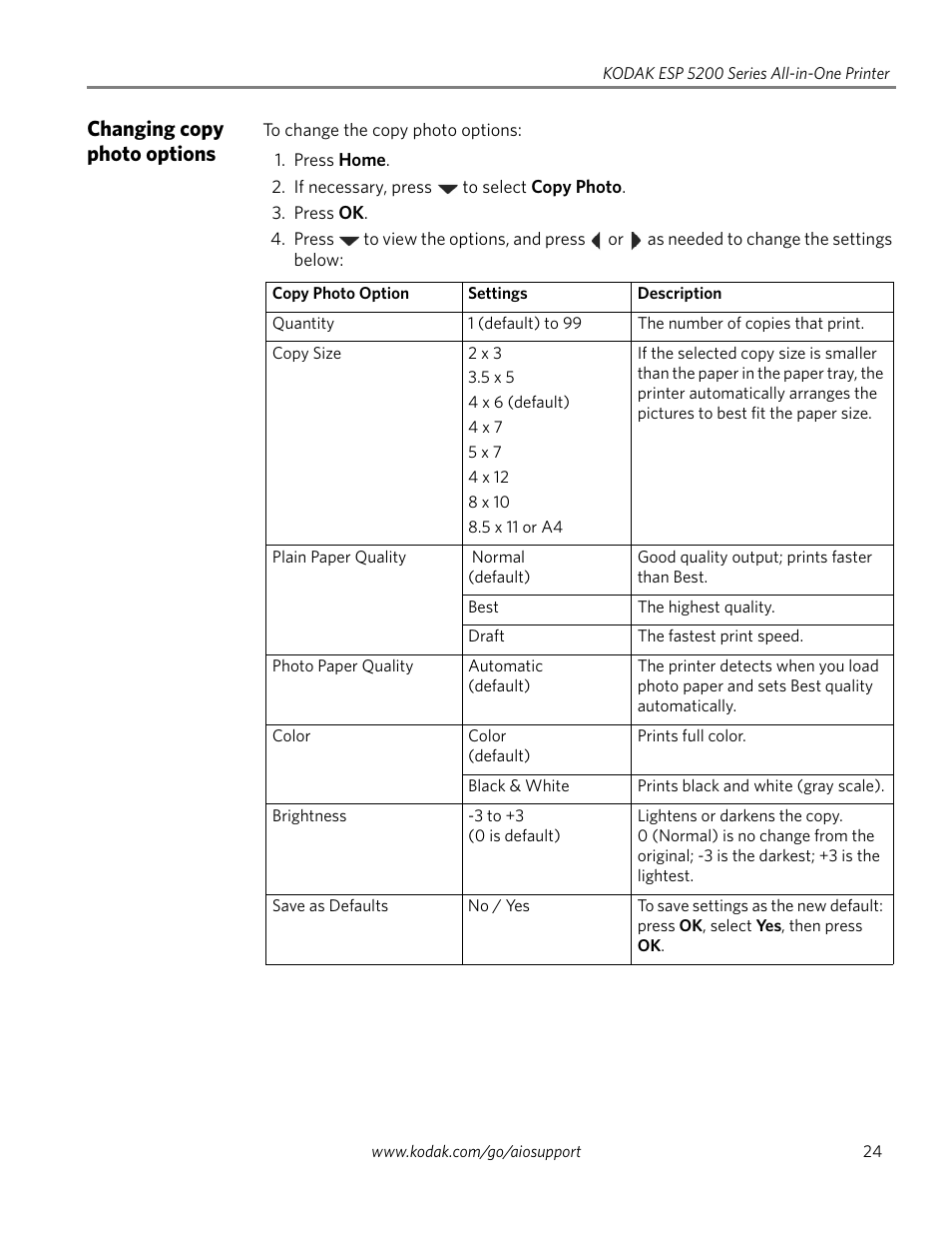 Changing copy photo options | Kodak ESP 5200 Series User Manual | Page 29 / 62