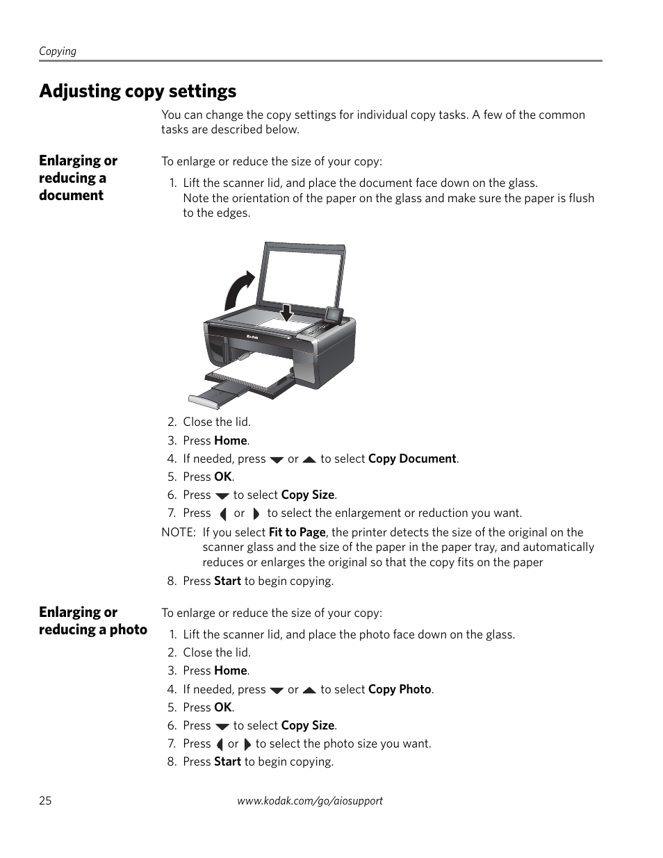 Adjusting copy settings, Enlarging or reducing a document, Enlarging or reducing a photo | Kodak ESP 5200 Series User Manual | Page 30 / 62