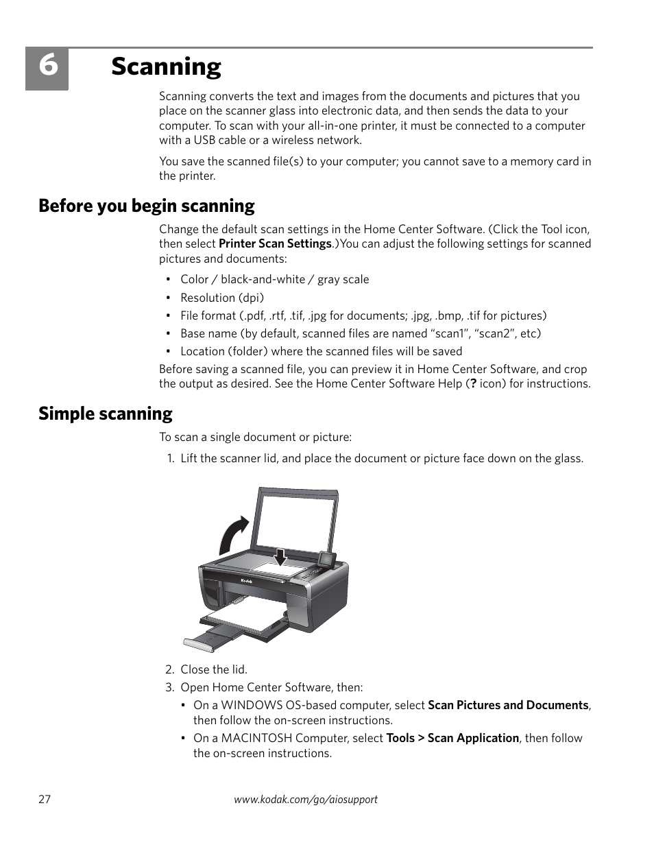 6 scanning, Before you begin scanning, Simple scanning | Before you begin scanning simple scanning, Scanning | Kodak ESP 5200 Series User Manual | Page 32 / 62