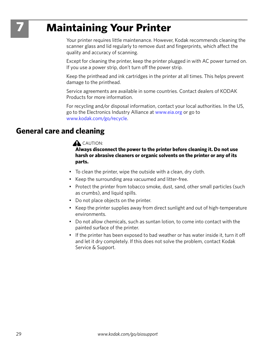 7 maintaining your printer, General care and cleaning, Maintaining your printer | Kodak ESP 5200 Series User Manual | Page 34 / 62