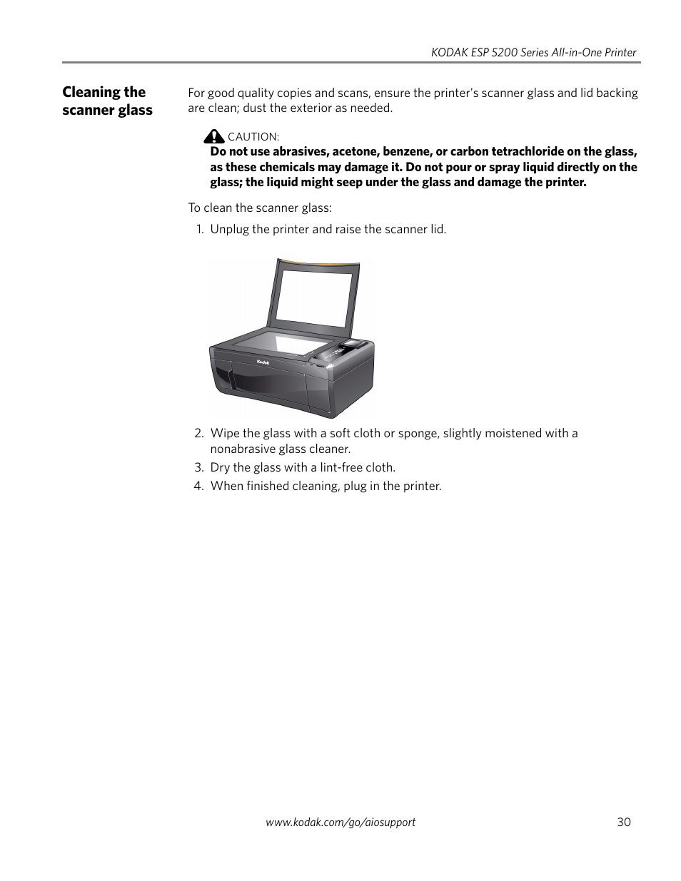 Cleaning the scanner glass | Kodak ESP 5200 Series User Manual | Page 35 / 62