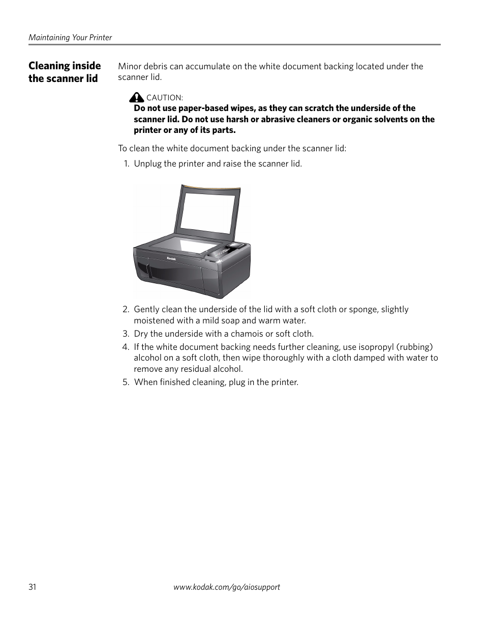 Cleaning inside the scanner lid | Kodak ESP 5200 Series User Manual | Page 36 / 62