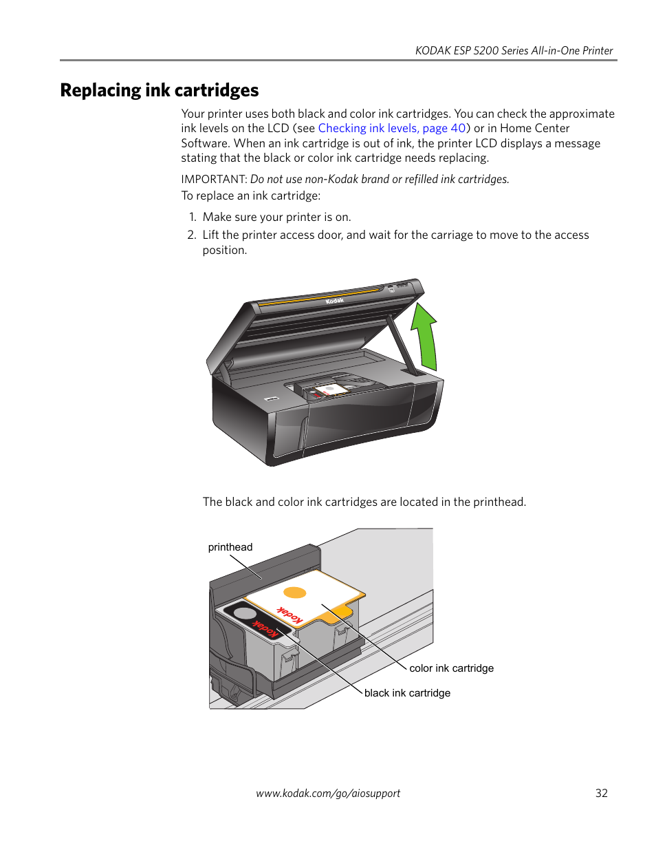 Replacing ink cartridges | Kodak ESP 5200 Series User Manual | Page 37 / 62