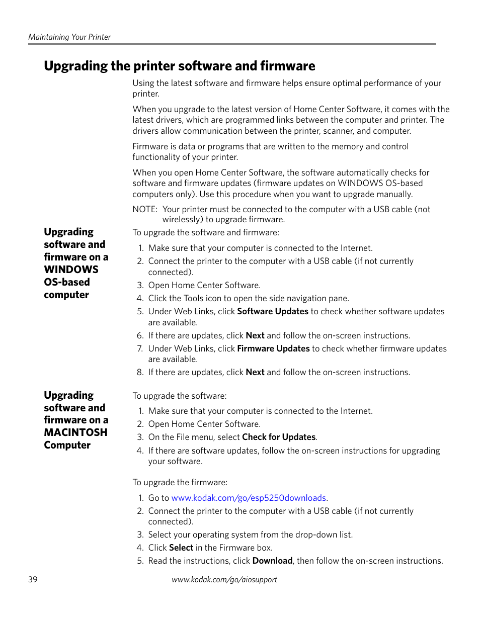 Upgrading the printer software and firmware | Kodak ESP 5200 Series User Manual | Page 44 / 62