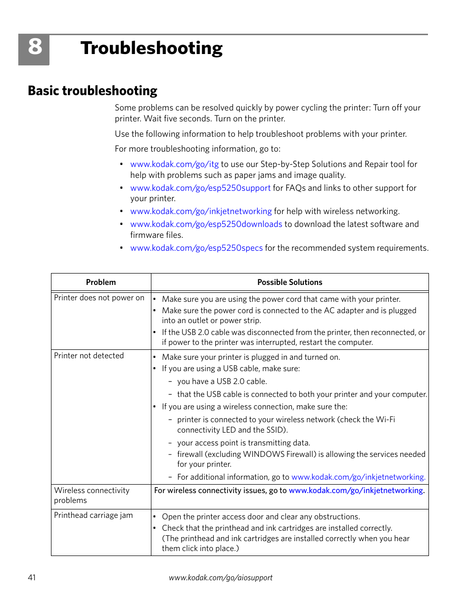 8 troubleshooting, Basic troubleshooting, Troubleshooting | Kodak ESP 5200 Series User Manual | Page 46 / 62