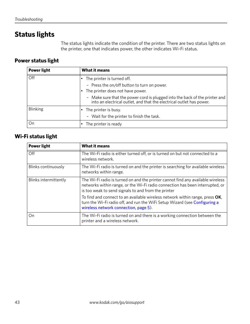 Status lights, Power status light, Wi-fi status light | Power status light wi-fi status light | Kodak ESP 5200 Series User Manual | Page 48 / 62