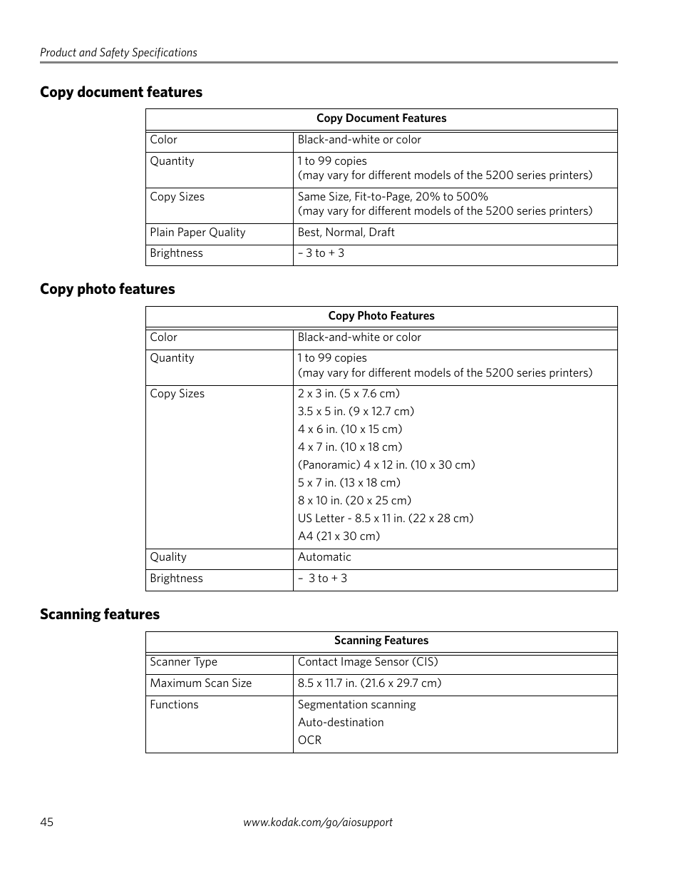 Copy document features, Copy photo features, Scanning features | Kodak ESP 5200 Series User Manual | Page 50 / 62