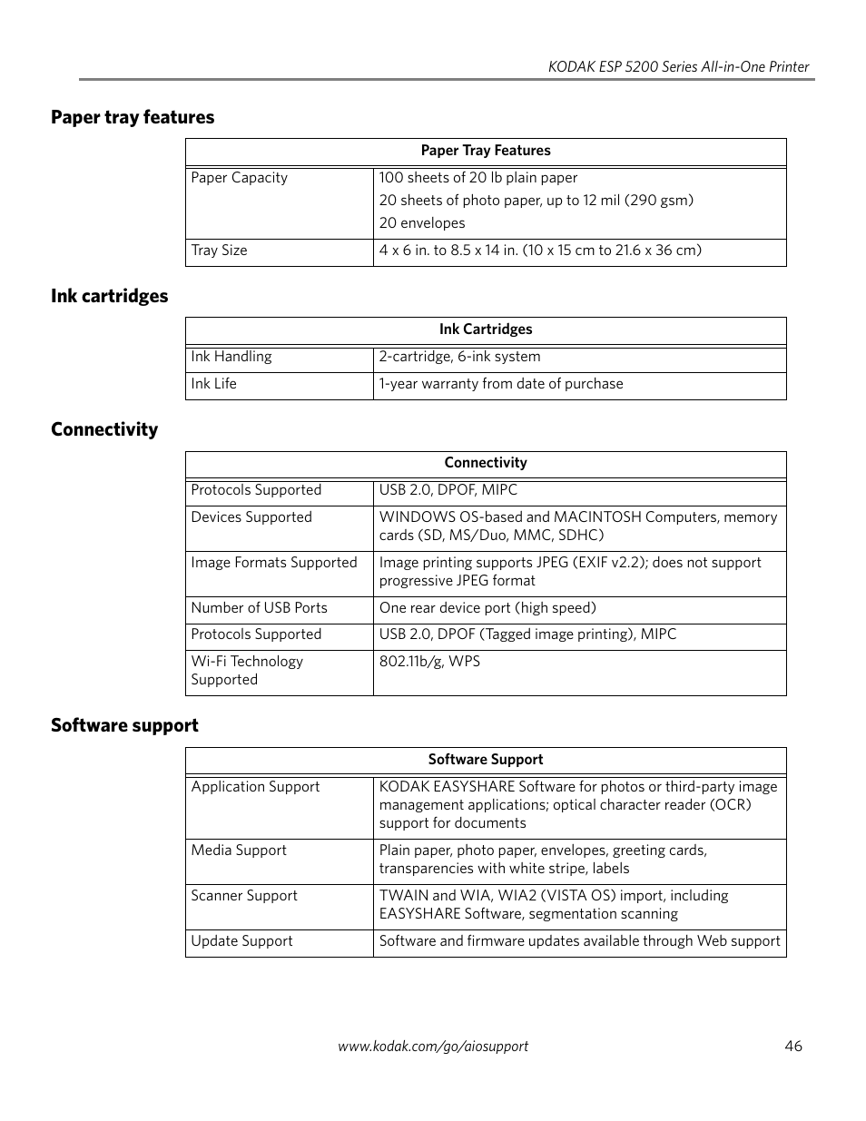 Paper tray features, Ink cartridges, Connectivity | Software support, Paper tray features ink cartridges, Connectivity software support | Kodak ESP 5200 Series User Manual | Page 51 / 62