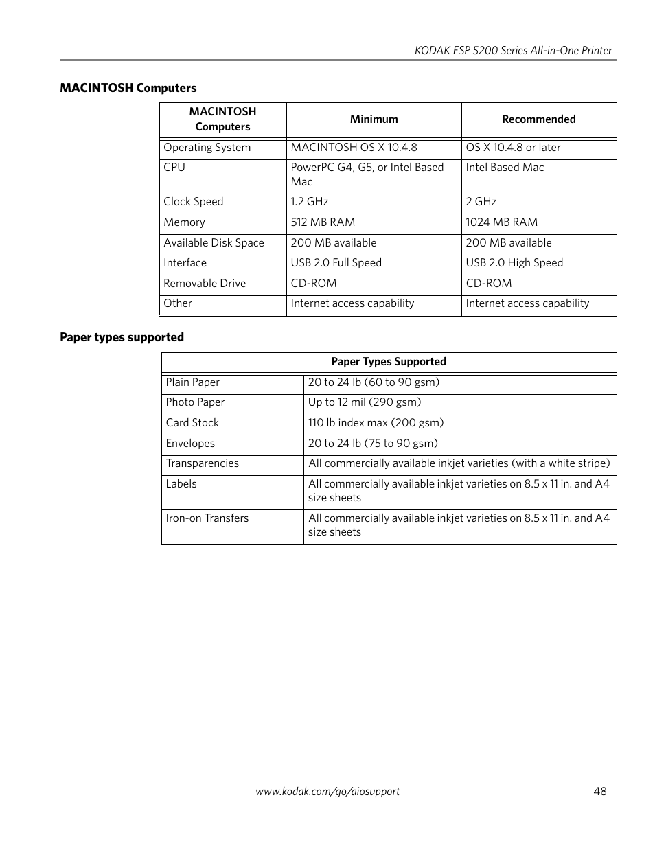 Macintosh computers, Paper types supported | Kodak ESP 5200 Series User Manual | Page 53 / 62