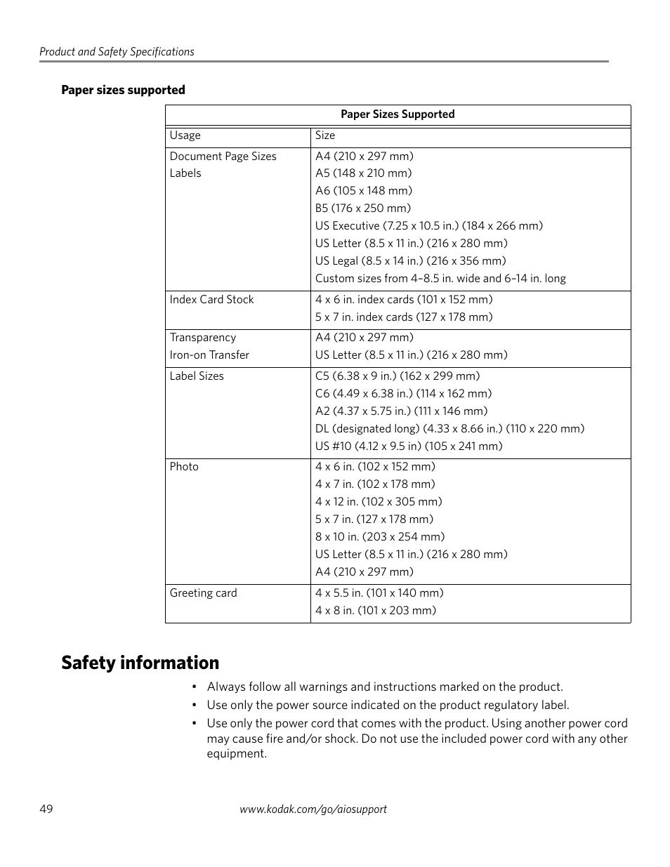 Paper sizes supported, Safety information | Kodak ESP 5200 Series User Manual | Page 54 / 62