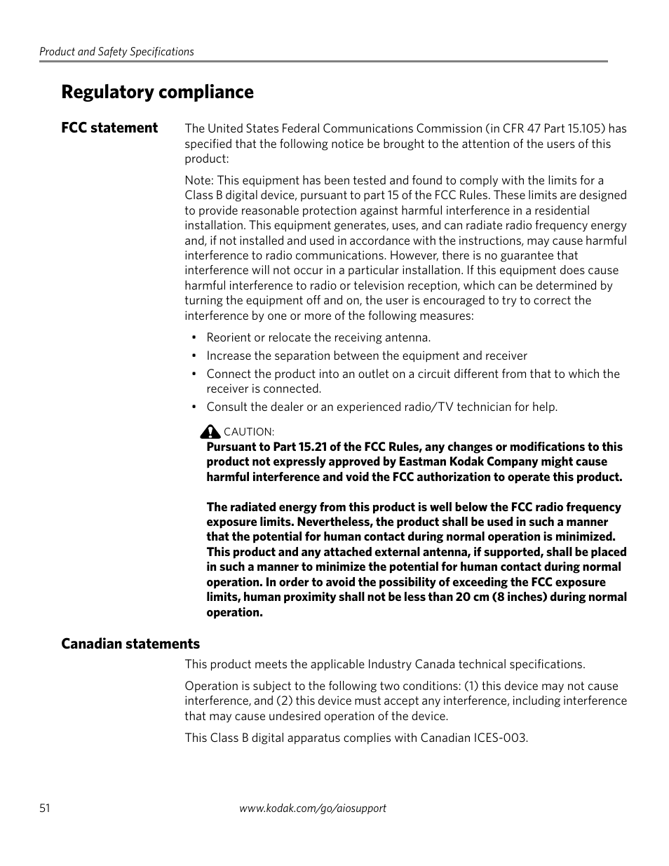 Regulatory compliance, Fcc statement, Canadian statements | Fcc statement canadian statements | Kodak ESP 5200 Series User Manual | Page 56 / 62