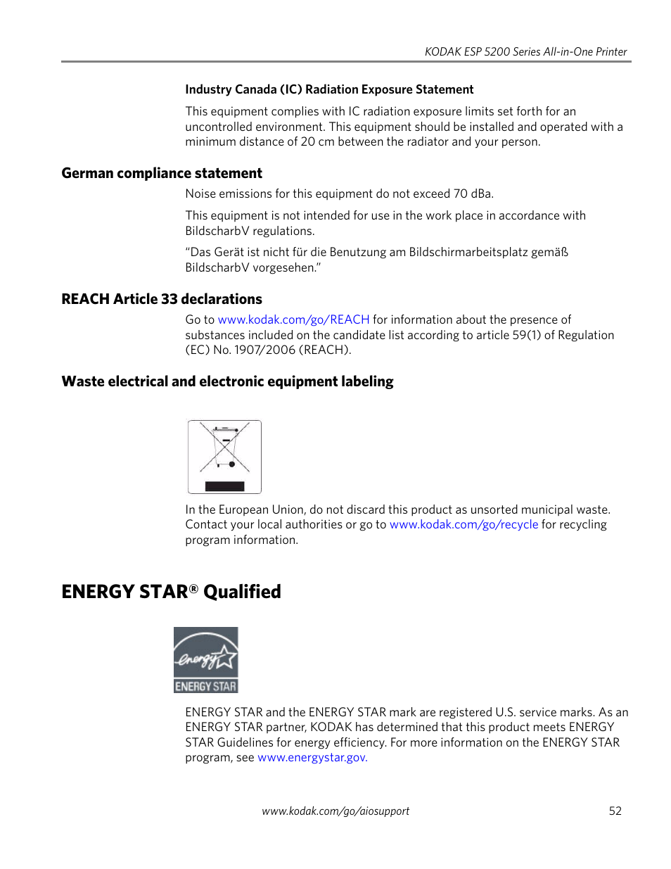 German compliance statement, Reach article 33 declarations, Waste electrical and electronic equipment labeling | Energy star® qualified | Kodak ESP 5200 Series User Manual | Page 57 / 62