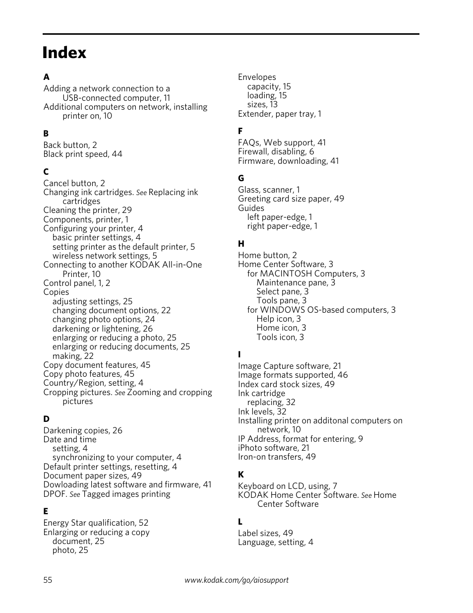 Index | Kodak ESP 5200 Series User Manual | Page 60 / 62