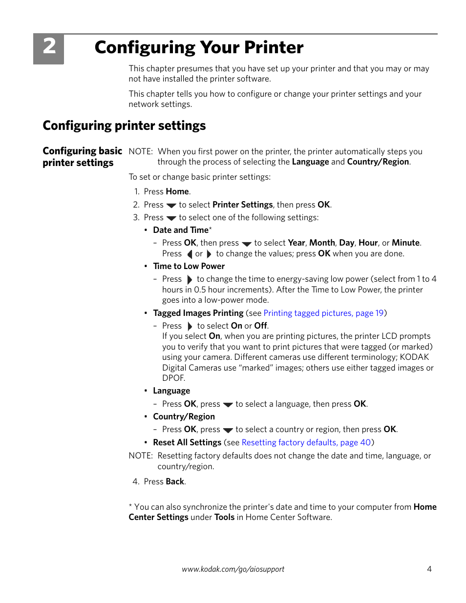 2 configuring your printer, Configuring printer settings, Configuring basic printer settings | Configuring your printer | Kodak ESP 5200 Series User Manual | Page 9 / 62