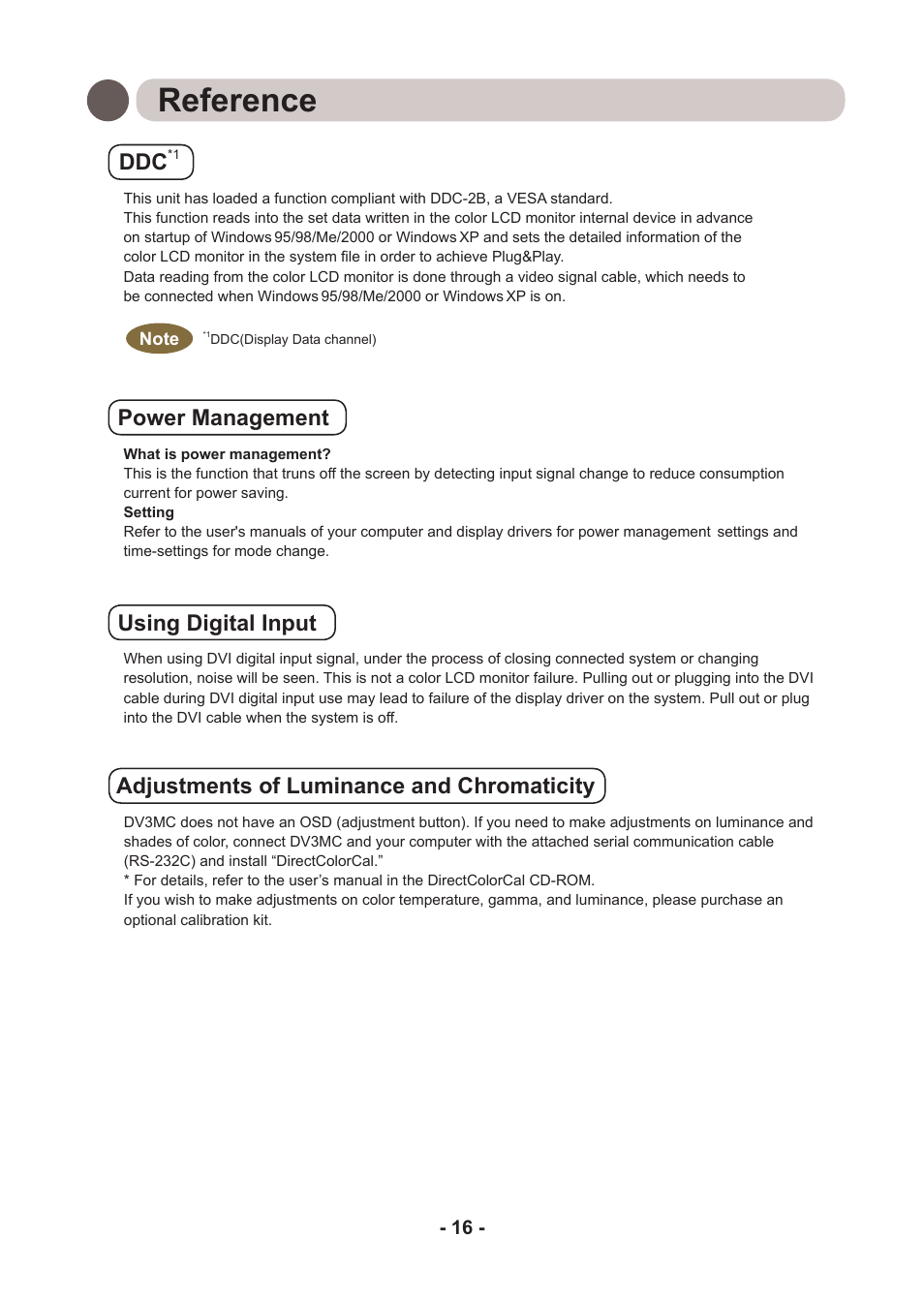 Reference, Power management using digital input, Adjustments of luminance and chromaticity | Kodak DIRECTVIEW DV3MC User Manual | Page 16 / 24