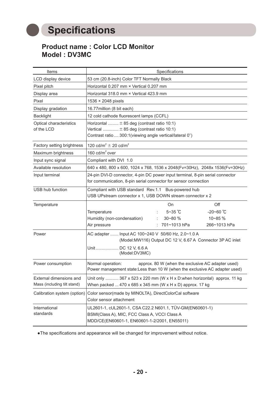 Specifications, Product name : color lcd monitor model : dv3mc | Kodak DIRECTVIEW DV3MC User Manual | Page 20 / 24
