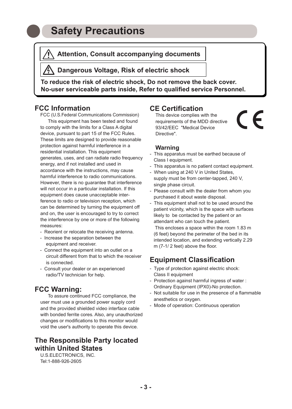 Safety precautions, Fcc information, Fcc warning | The responsible party located within united states, Ce certification, Equipment classification | Kodak DIRECTVIEW DV3MC User Manual | Page 3 / 24