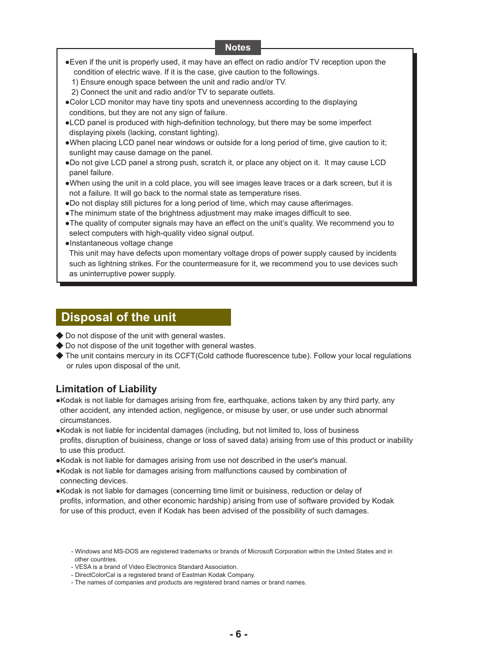 Disposal of the unit, Limitation of liability | Kodak DIRECTVIEW DV3MC User Manual | Page 6 / 24