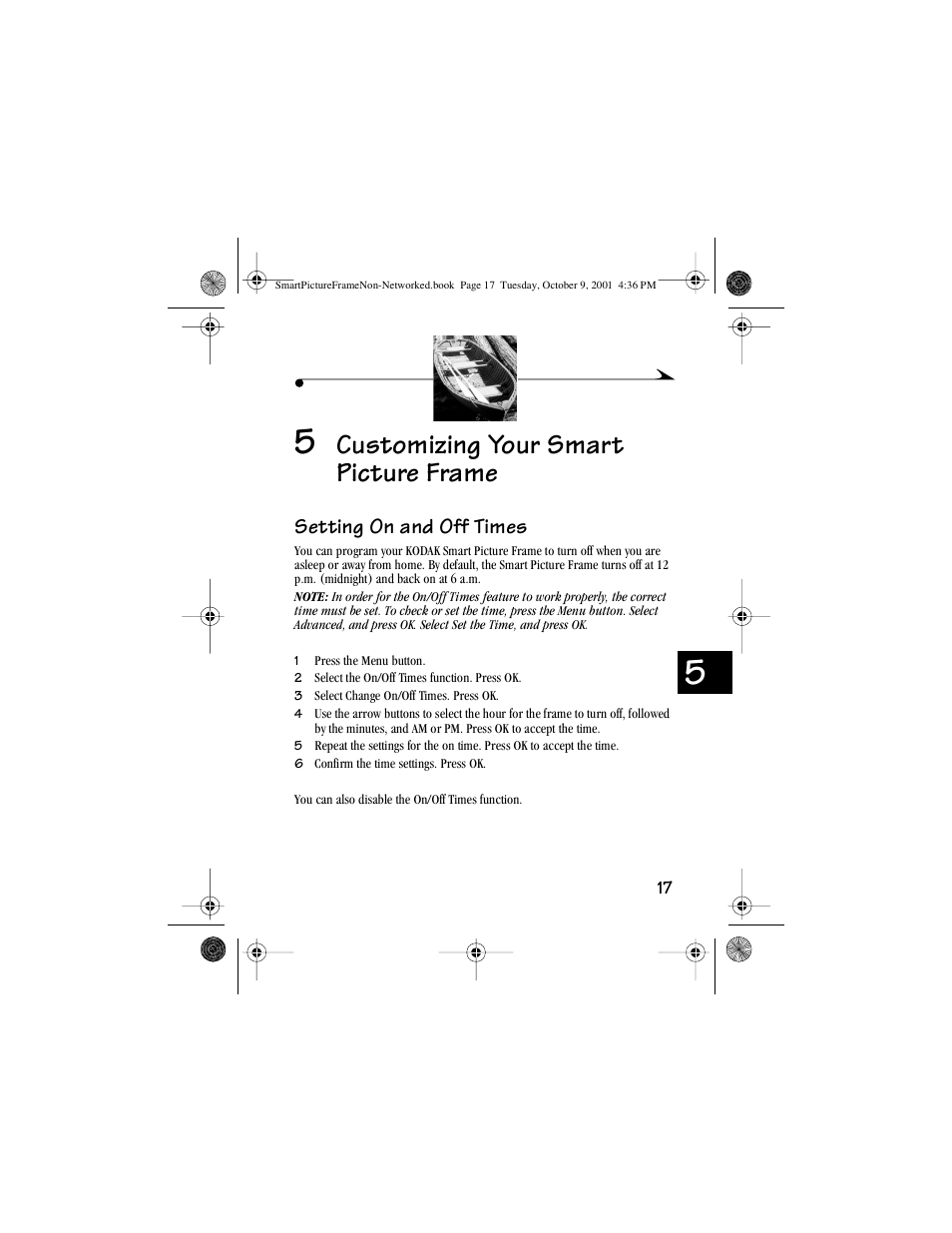 5 customizing your smart picture frame, Setting on and off times, Customizing your smart picture frame | Kodak Picture Frame User Manual | Page 21 / 35