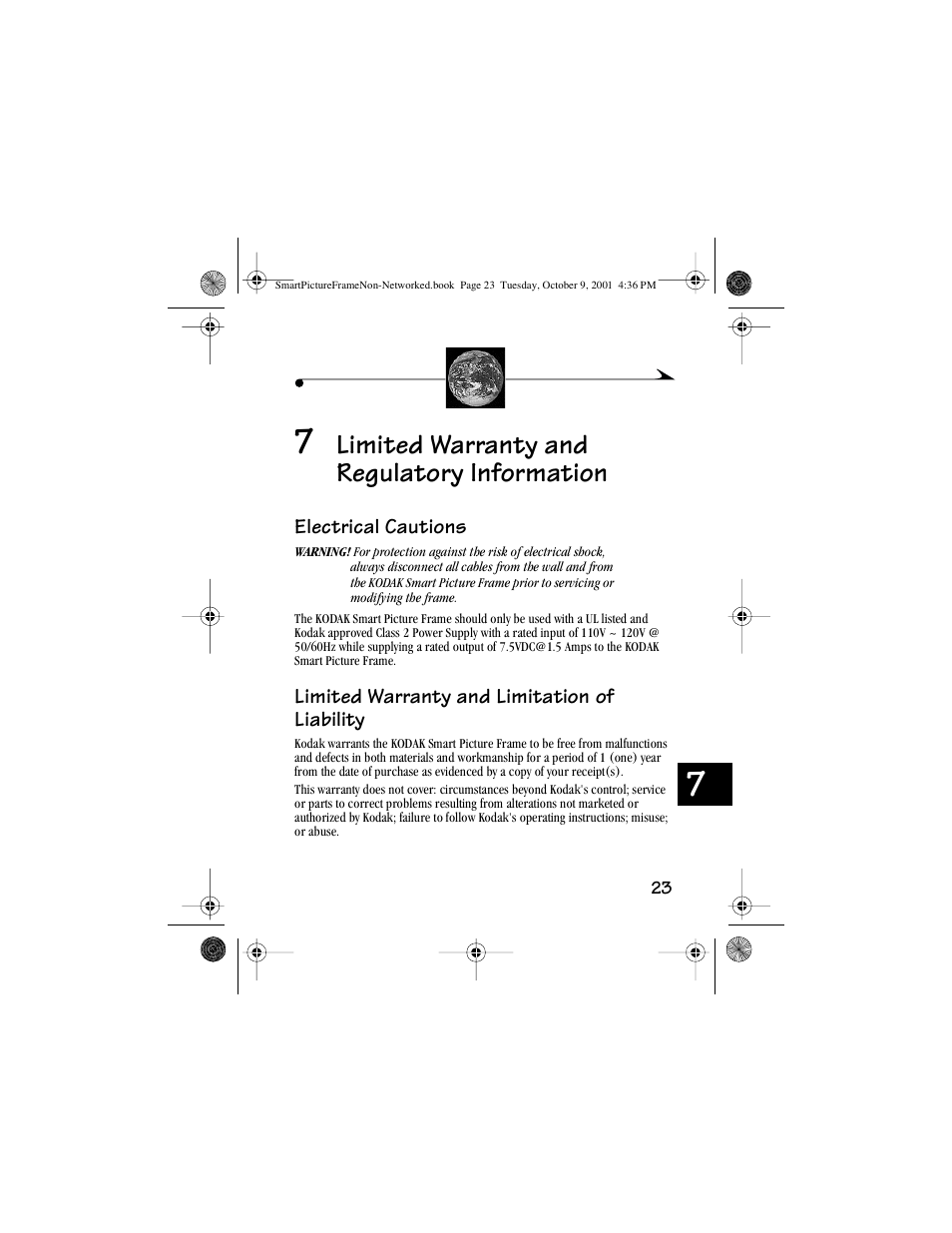 7 limited warranty and regulatory information, Electrical cautions, Limited warranty and limitation of liability | Limited warranty and regulatory information | Kodak Picture Frame User Manual | Page 27 / 35