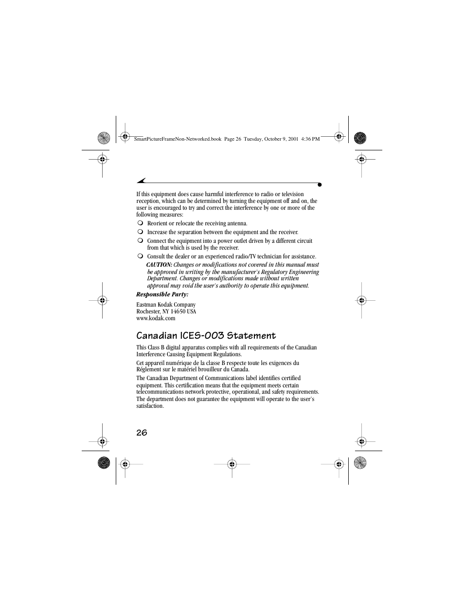 Canadian ices-003 statement | Kodak Picture Frame User Manual | Page 30 / 35