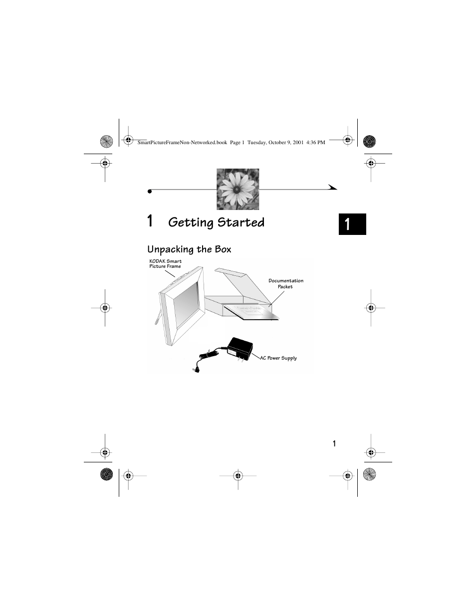 1 getting started, Unpacking the box, Getting started | Kodak Picture Frame User Manual | Page 5 / 35