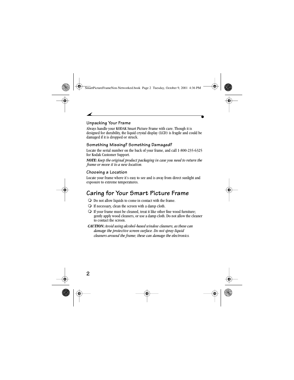 Caring for your smart picture frame | Kodak Picture Frame User Manual | Page 6 / 35