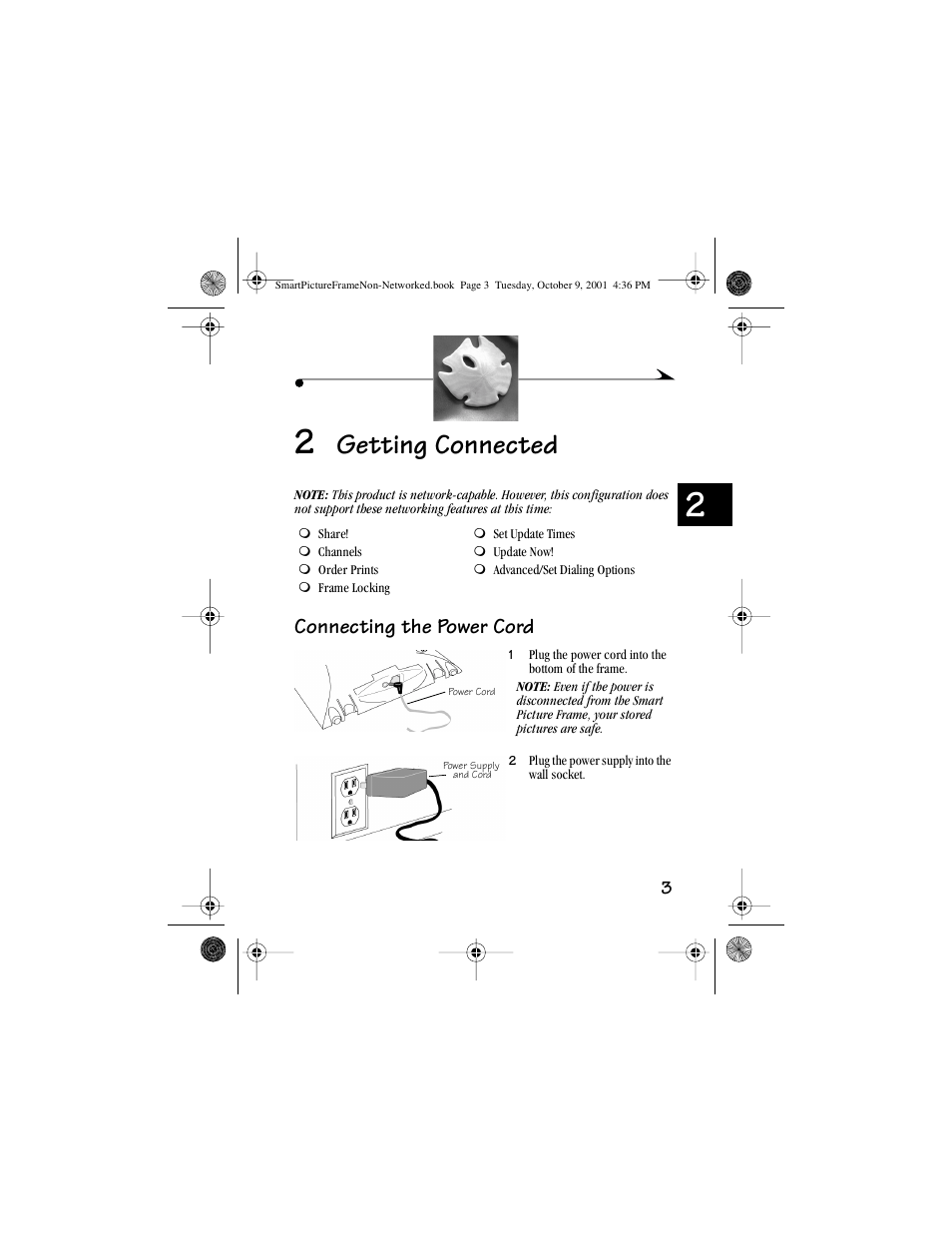 2 getting connected, Connecting the power cord, Getting connected | Kodak Picture Frame User Manual | Page 7 / 35