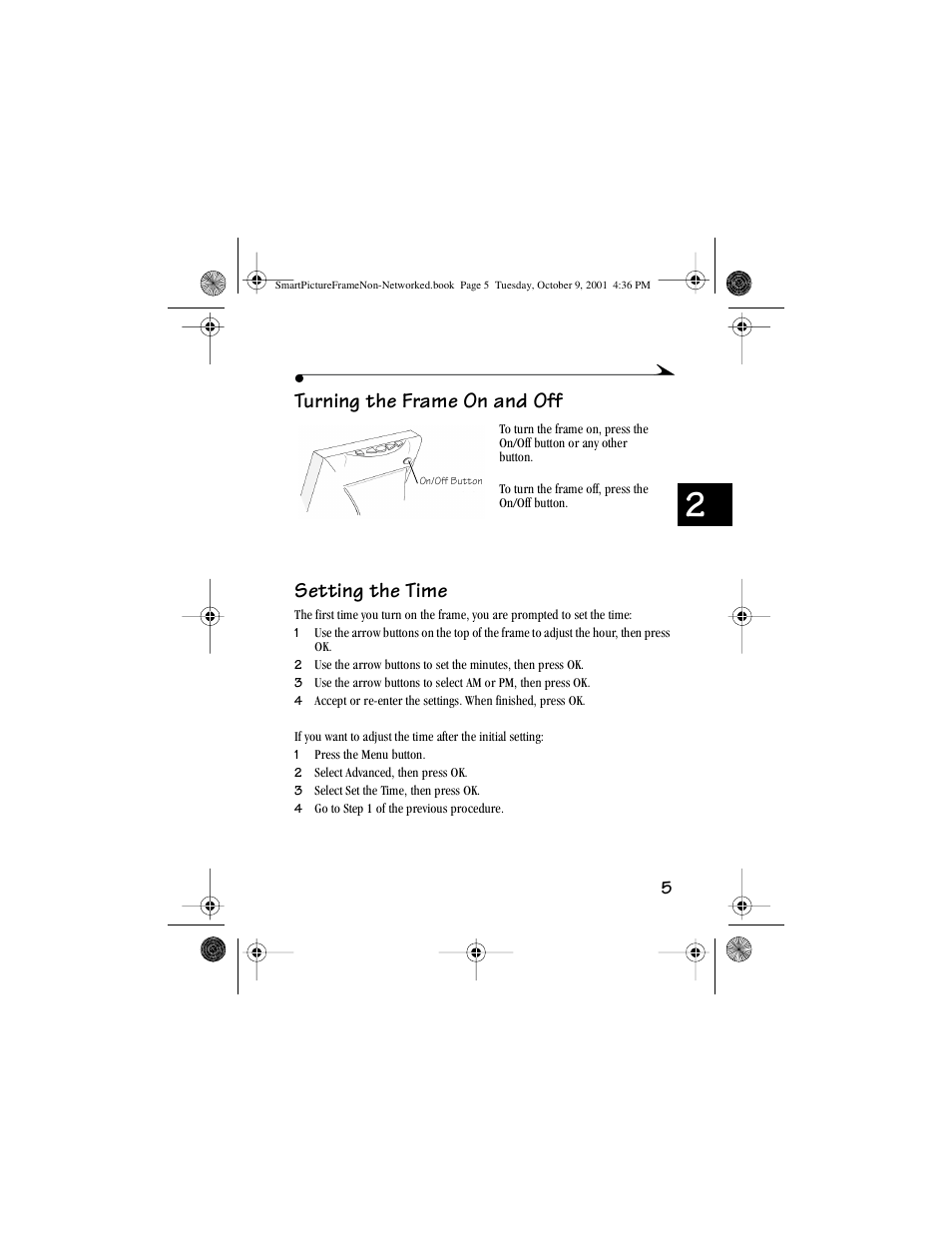 Turning the frame on and off, Setting the time, Turning the frame on and off setting the time | Kodak Picture Frame User Manual | Page 9 / 35