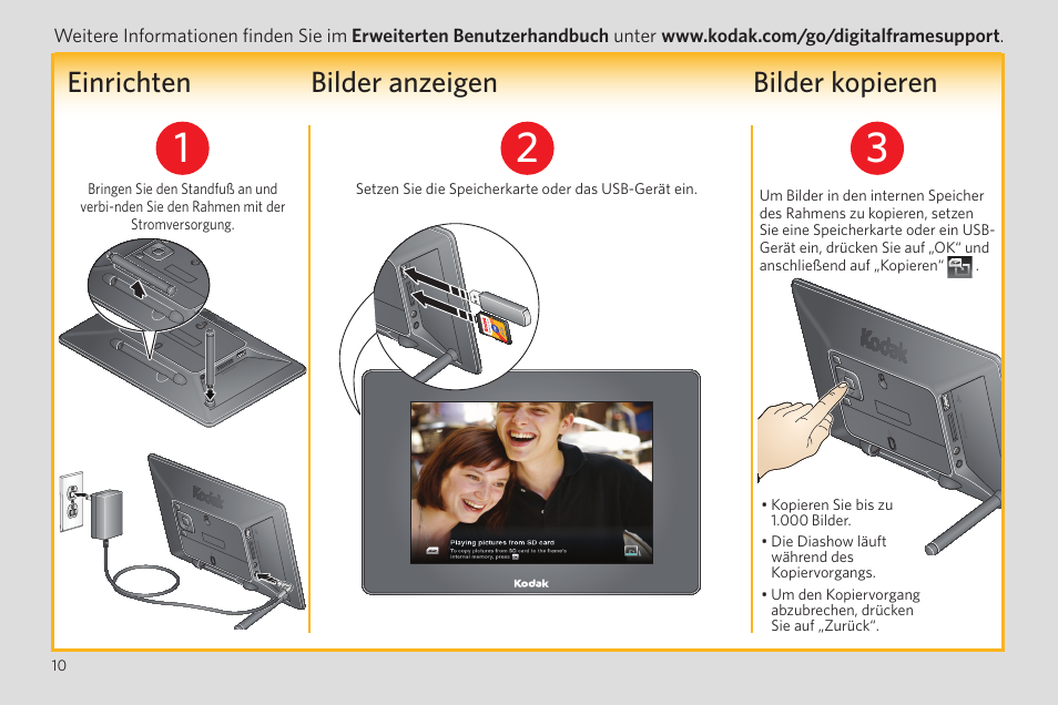 Einrichten bilder anzeigen bilder kopieren | Kodak EASYSHARE P86 User Manual | Page 10 / 24