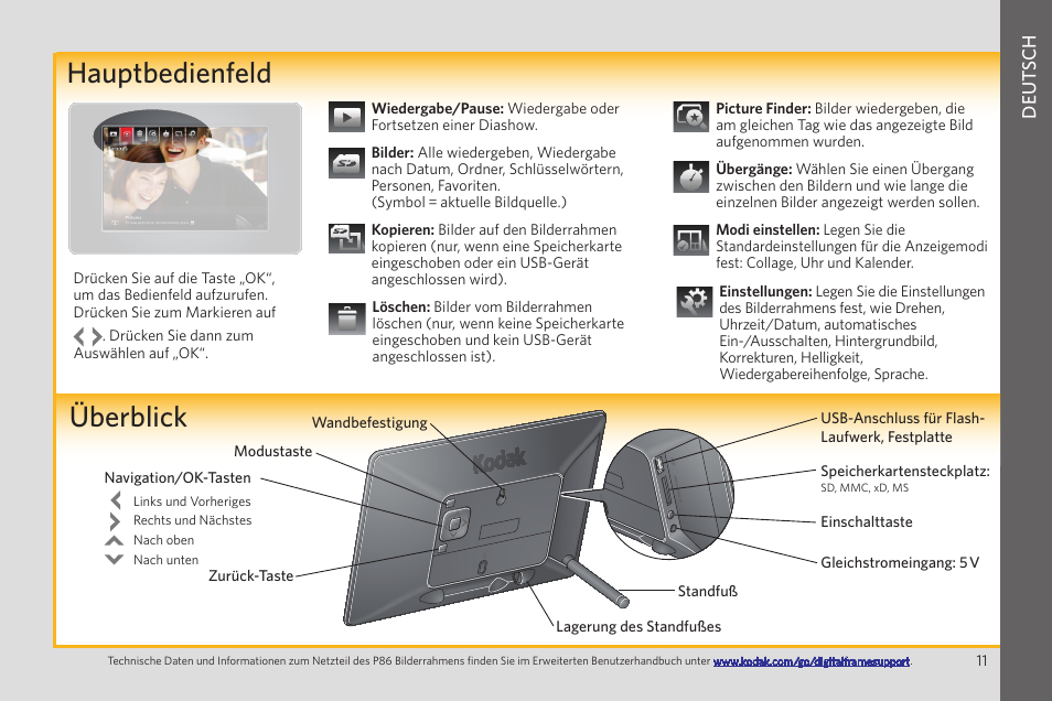 Bilder kopieren überblick hauptbedienfeld, Deut sch | Kodak EASYSHARE P86 User Manual | Page 11 / 24