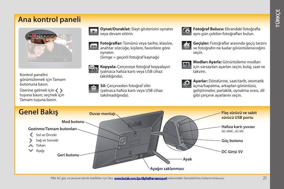 Genel bakış ana kontrol paneli, Türk зe | Kodak EASYSHARE P86 User Manual | Page 21 / 24