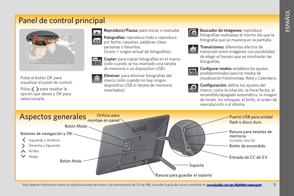 Esp añol | Kodak EASYSHARE P86 User Manual | Page 9 / 24