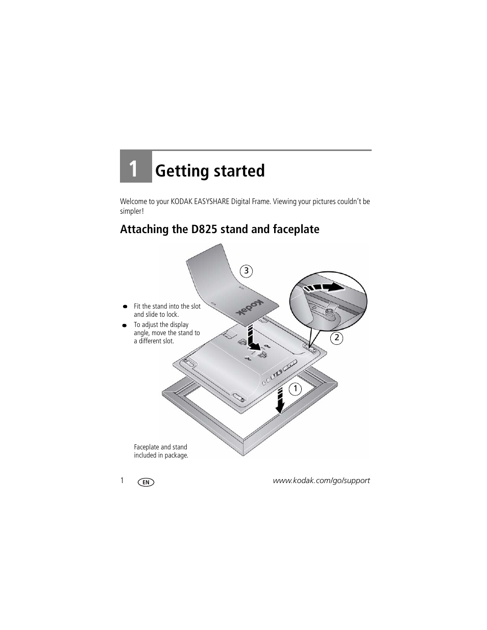 Getting started, Attaching the d825 stand and faceplate, 1 getting started | Kodak D825 User Manual | Page 6 / 36