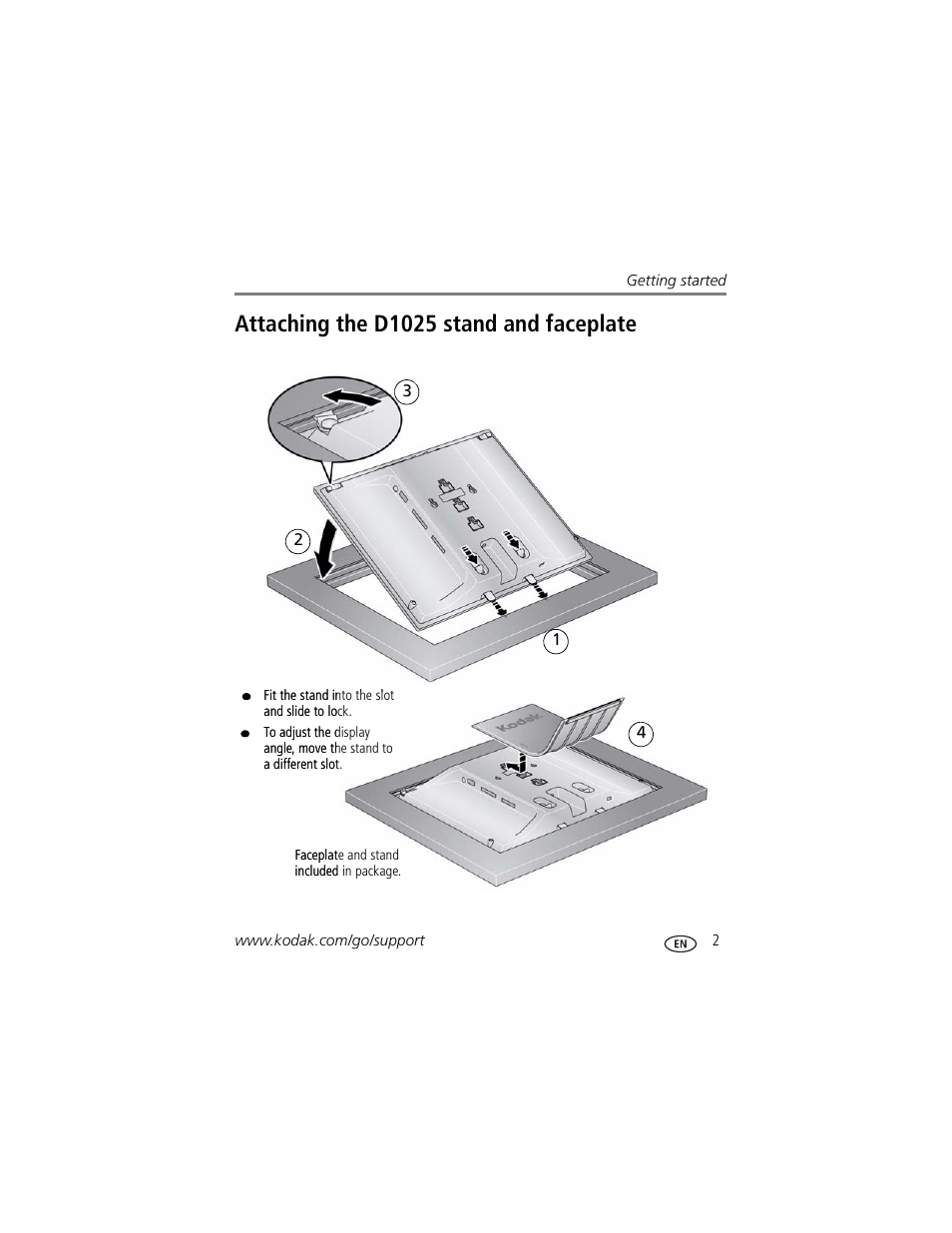 Attaching the d1025 stand and faceplate | Kodak D825 User Manual | Page 7 / 36