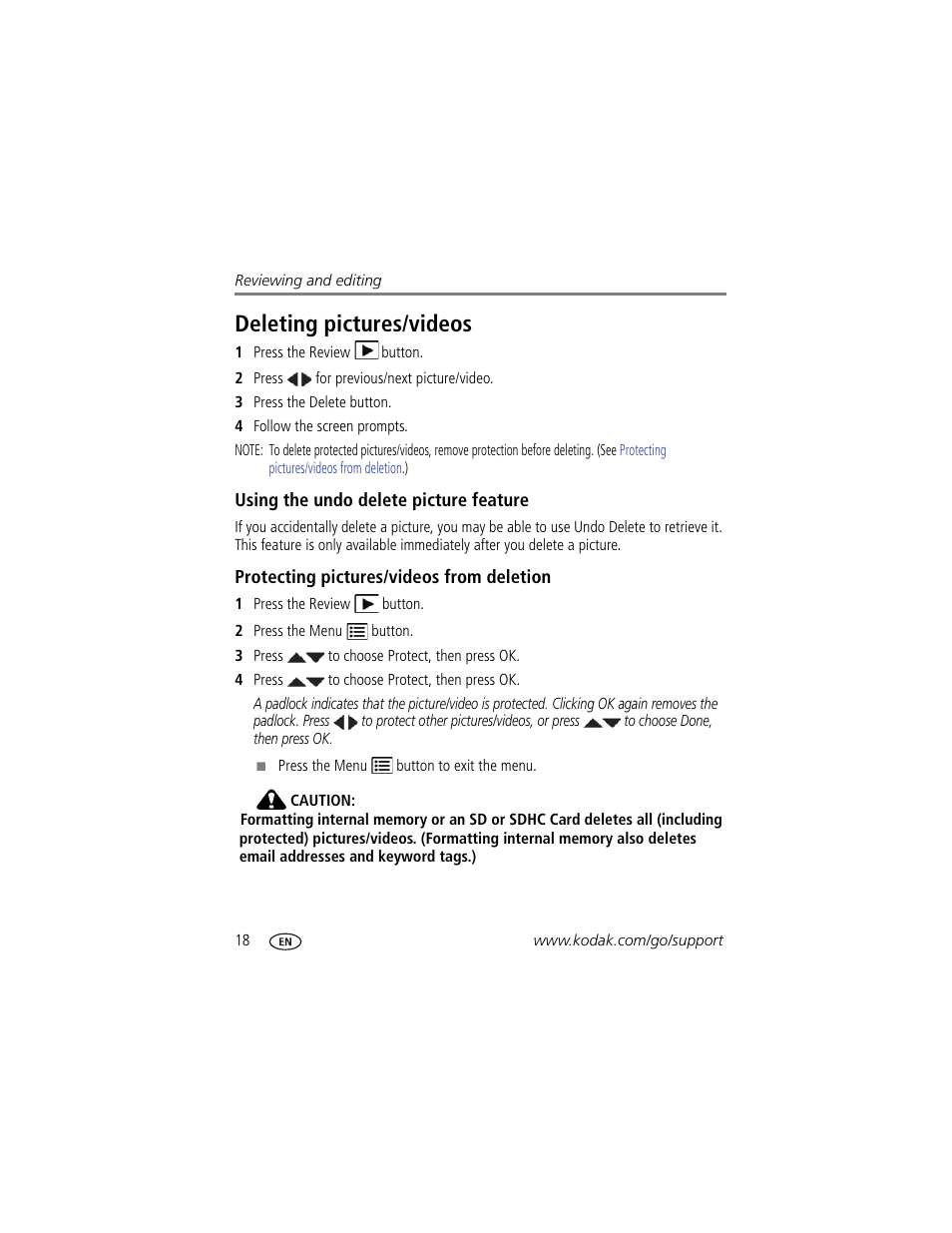 Deleting pictures/videos, Using the undo delete picture feature, Protecting pictures/videos from deletion | Kodak EASYSHARE CD24 User Manual | Page 24 / 60