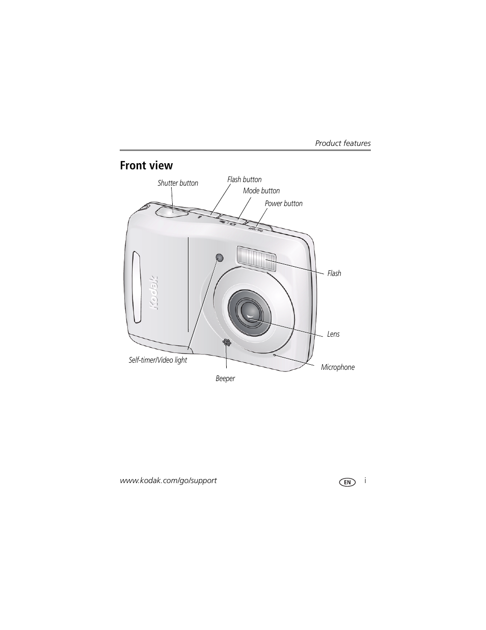 Product features, Front view | Kodak EASYSHARE CD24 User Manual | Page 3 / 60