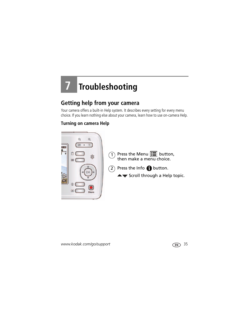Troubleshooting, Getting help from your camera, Turning on camera help | 7 troubleshooting | Kodak EASYSHARE CD24 User Manual | Page 41 / 60