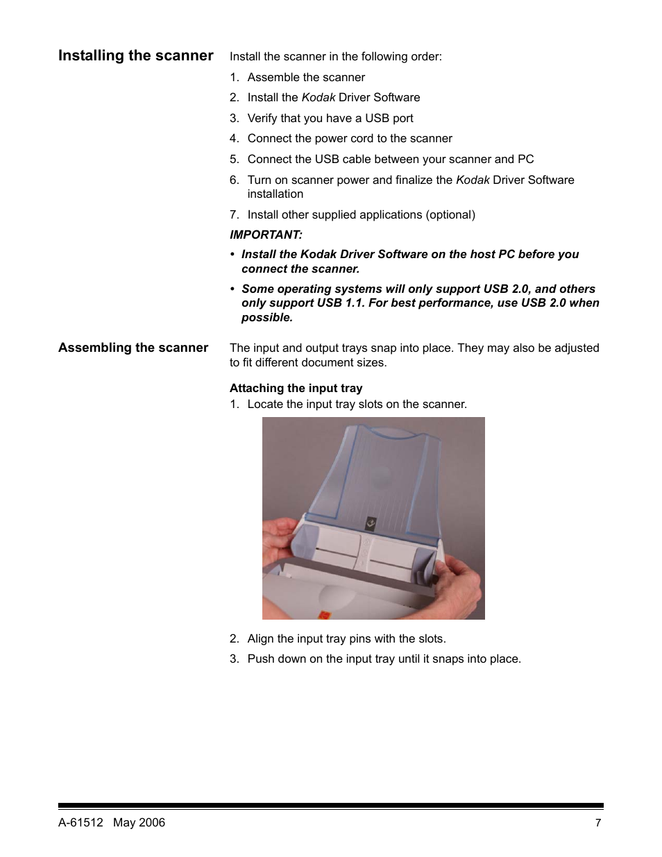 Installing the scanner, Assembling the scanner | Kodak i30 / i40 User Manual | Page 10 / 84
