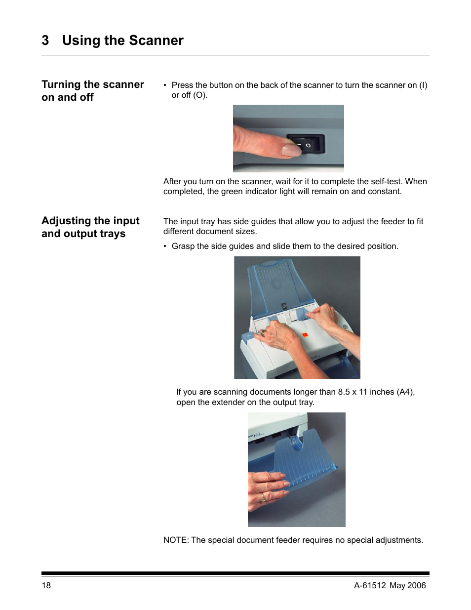3 using the scanner, Turning the scanner on and off, Adjusting the input and output trays | Kodak i30 / i40 User Manual | Page 21 / 84