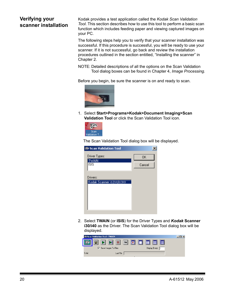 Verifying your scanner installation | Kodak i30 / i40 User Manual | Page 23 / 84