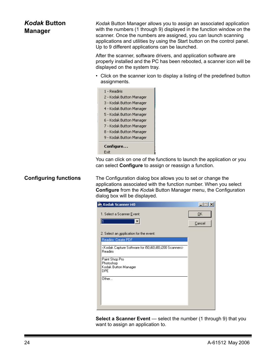 Kodak button manager, Configuring functions | Kodak i30 / i40 User Manual | Page 27 / 84