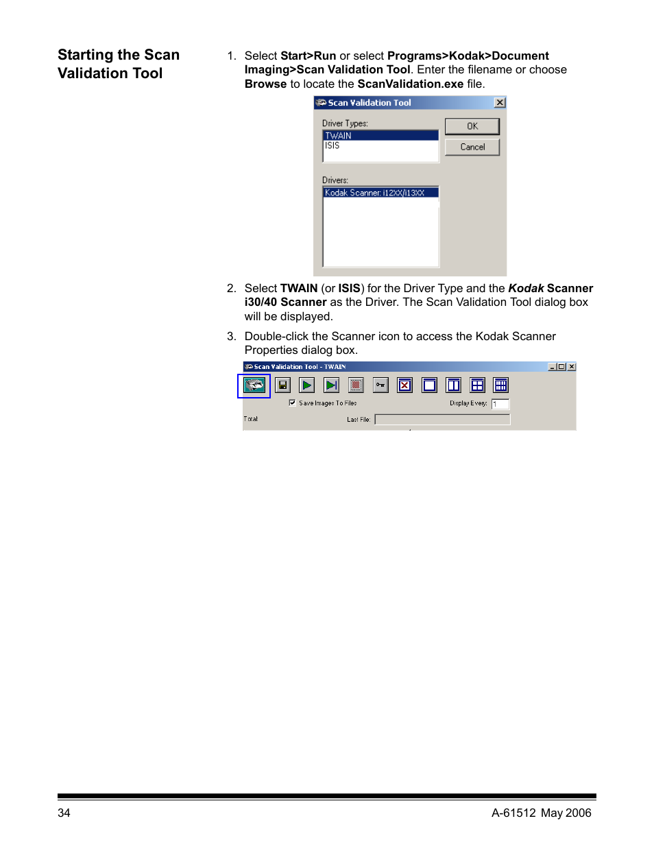 Starting the scan validation tool | Kodak i30 / i40 User Manual | Page 37 / 84