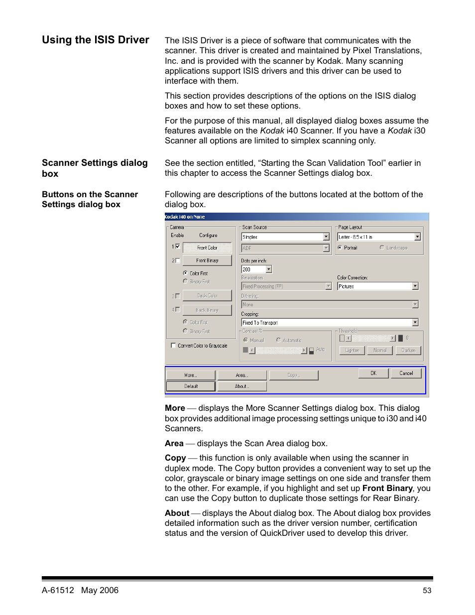 Using the isis driver, Scanner settings dialog box, Buttons on the scanner settings dialog box | Kodak i30 / i40 User Manual | Page 56 / 84