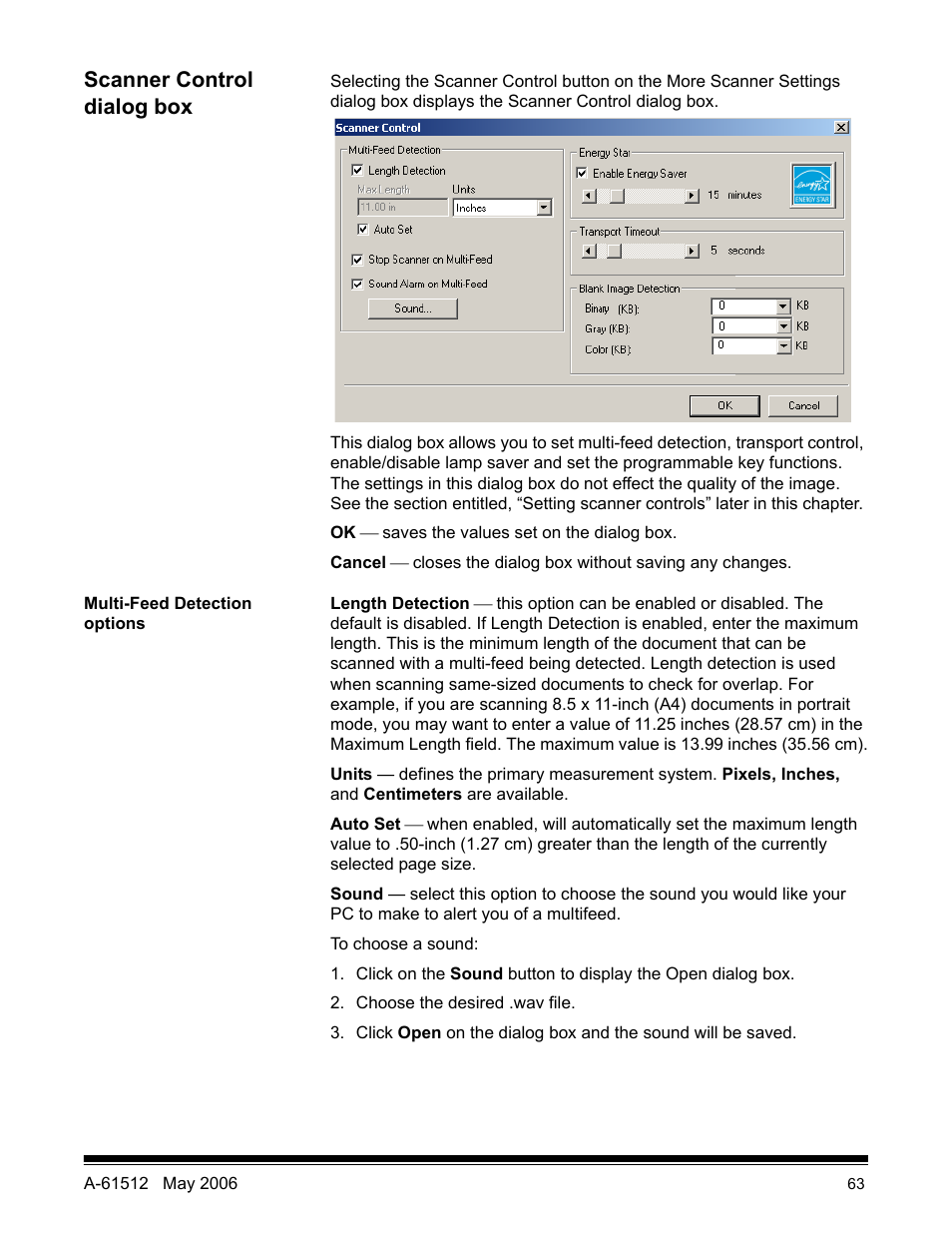 Scanner control dialog box, Multi-feed detection options | Kodak i30 / i40 User Manual | Page 66 / 84