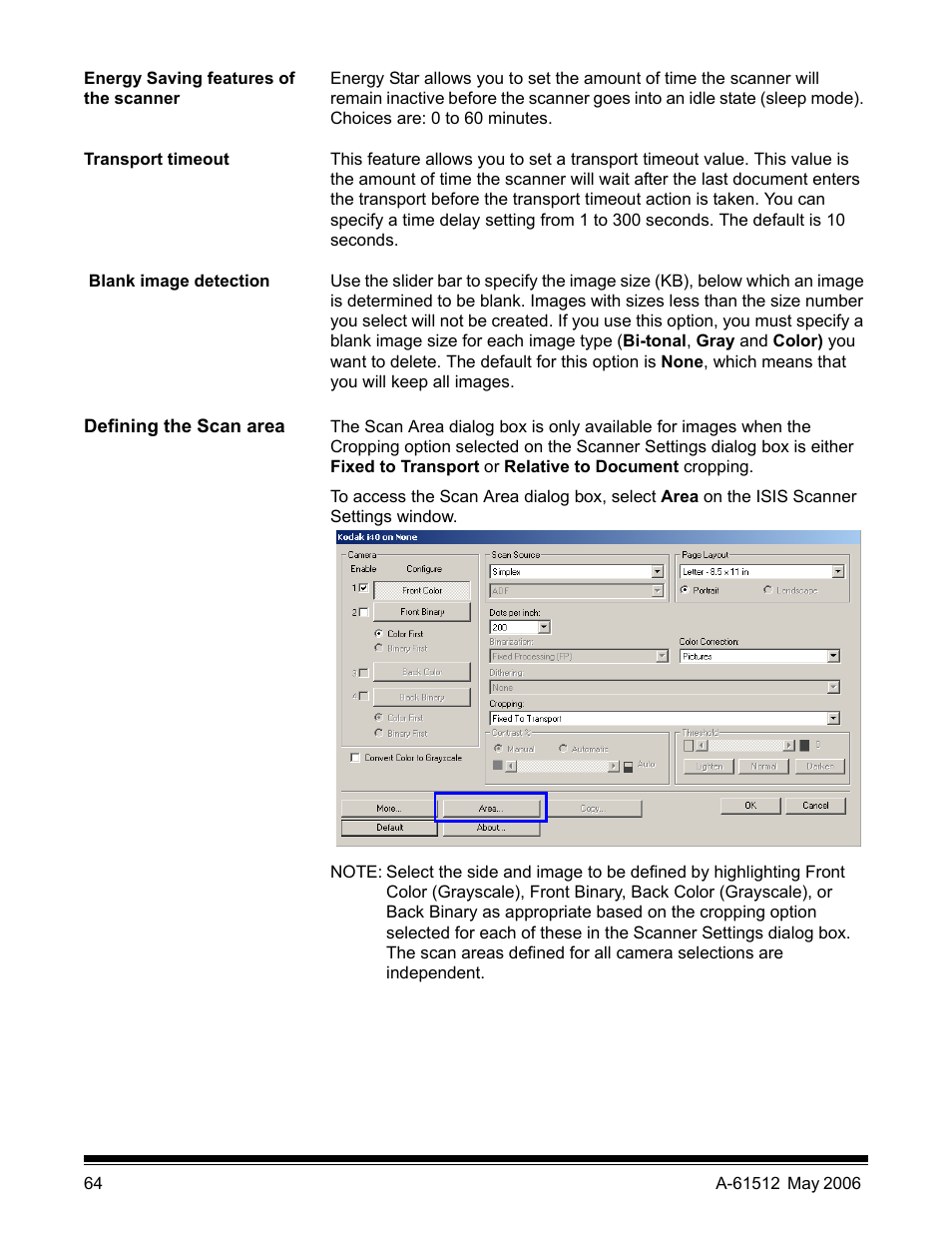 Energy saving features of the scanner, Transport timeout, Blank image detection | Defining the scan area | Kodak i30 / i40 User Manual | Page 67 / 84