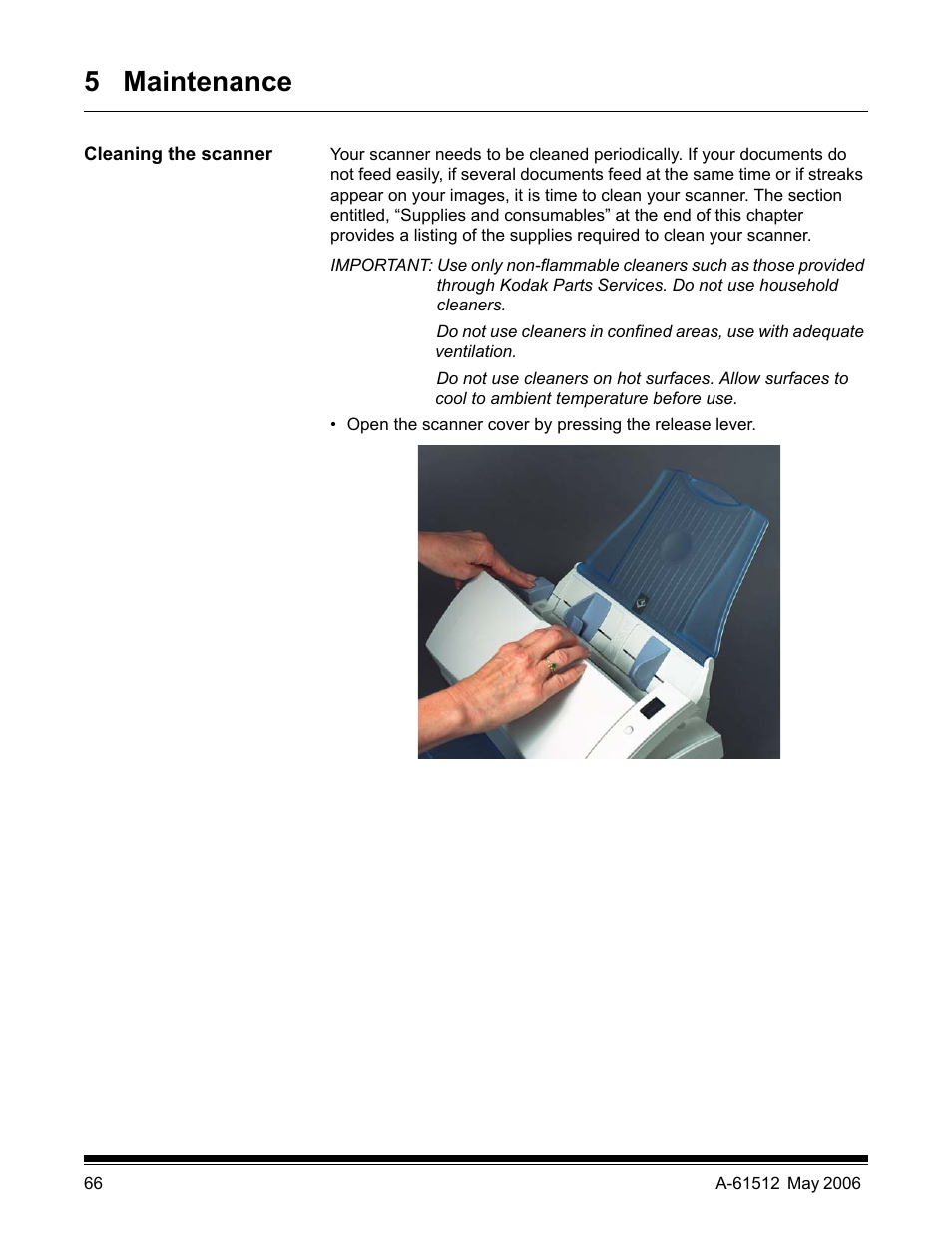 5 maintenance, Cleaning the scanner | Kodak i30 / i40 User Manual | Page 69 / 84