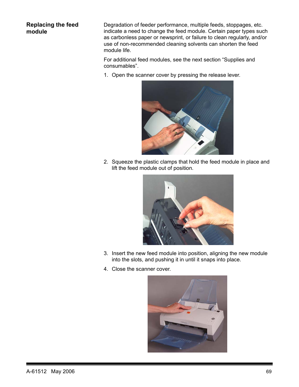Replacing the feed module | Kodak i30 / i40 User Manual | Page 72 / 84