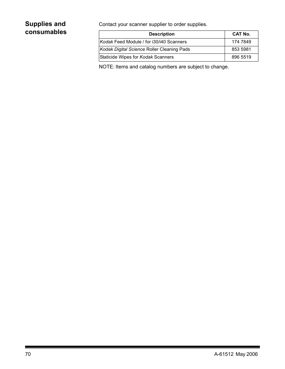 Supplies and consumables | Kodak i30 / i40 User Manual | Page 73 / 84