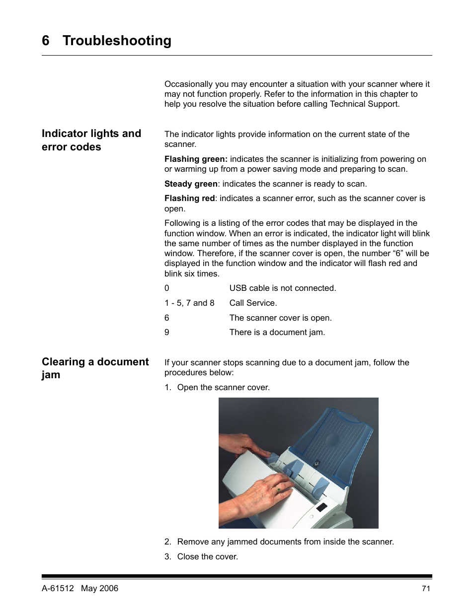 6 troubleshooting, Indicator lights and error codes, Clearing a document jam | Kodak i30 / i40 User Manual | Page 74 / 84